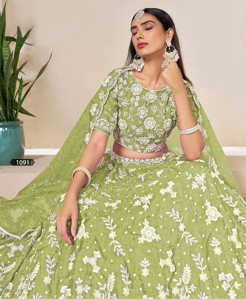Green Organza Embroidered Semi Stitched Lehenga Choli Size Up To 42