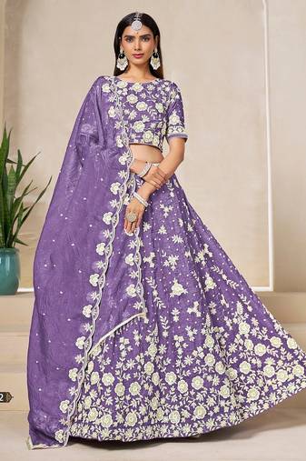 Lavender Organza Embroidered Semi Stitched Lehenga Choli Size Up To 42