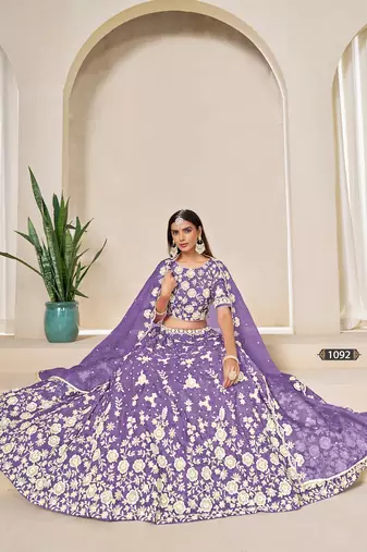 Lavender Organza Embroidered Semi Stitched Lehenga Choli Size Up To 42