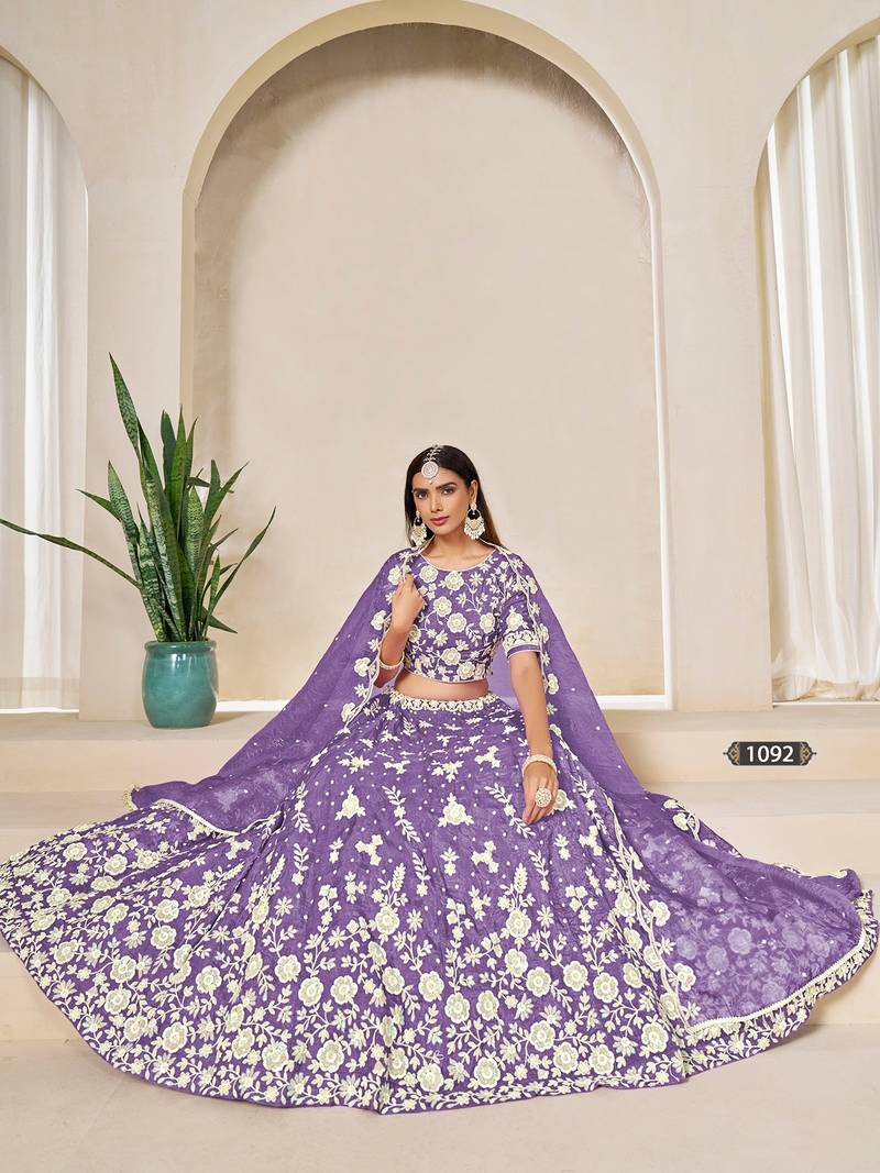 Lavender Organza Embroidered Semi Stitched Lehenga Choli Size Up To 42