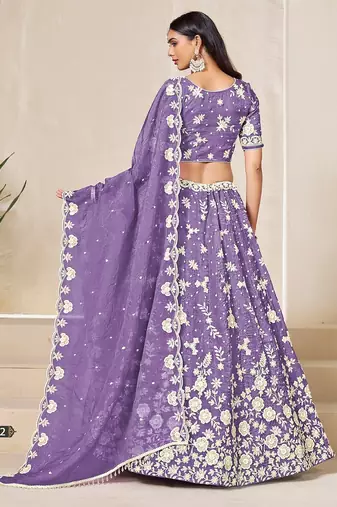 Lavender Organza Embroidered Semi Stitched Lehenga Choli Size Up To 42