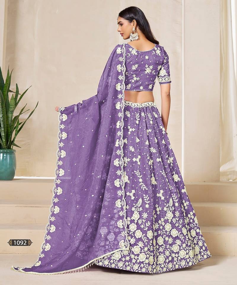 Lavender Organza Embroidered Semi Stitched Lehenga Choli Size Up To 42