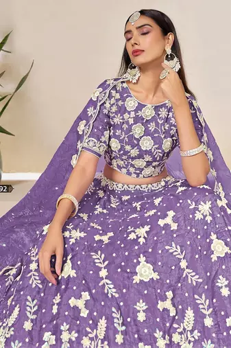 Lavender Organza Embroidered Semi Stitched Lehenga Choli Size Up To 42