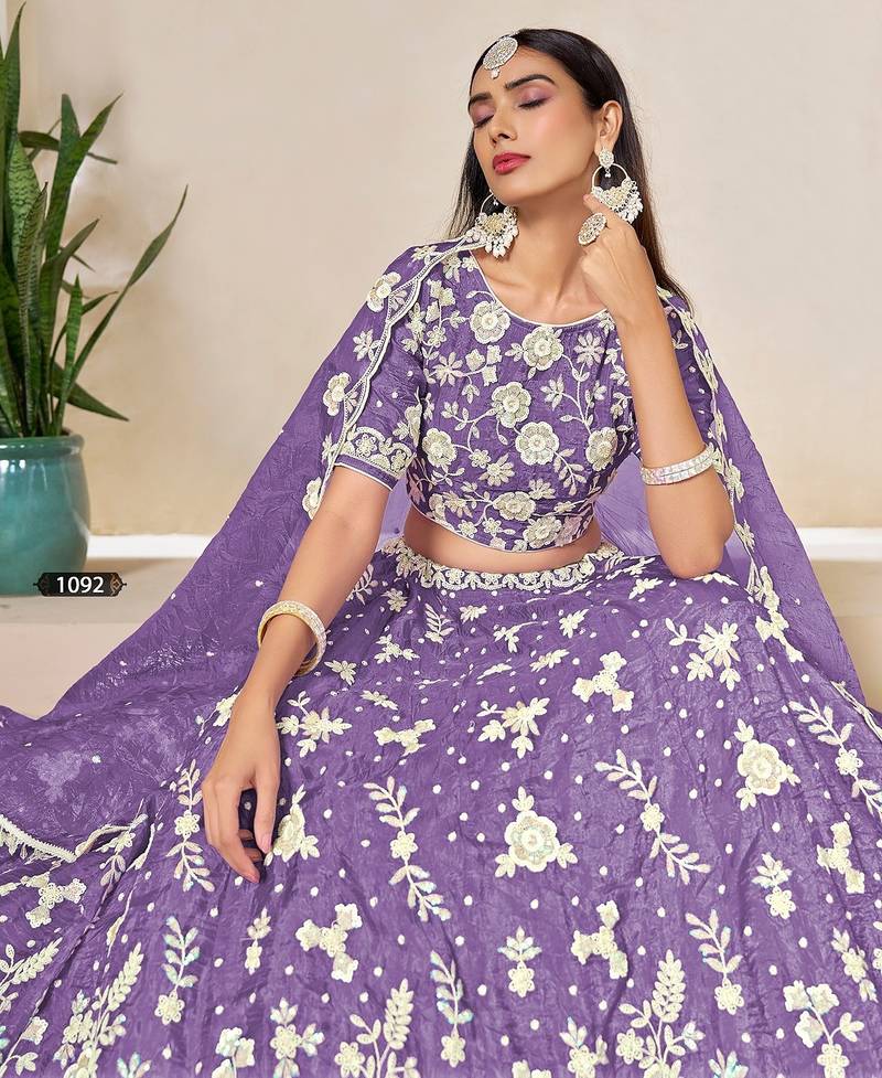 Lavender Organza Embroidered Semi Stitched Lehenga Choli Size Up To 42