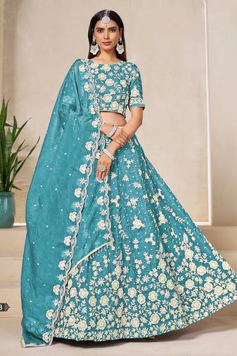 Sky Blue Organza Embroidered Semi Stitched Lehenga Choli Size Up To 42