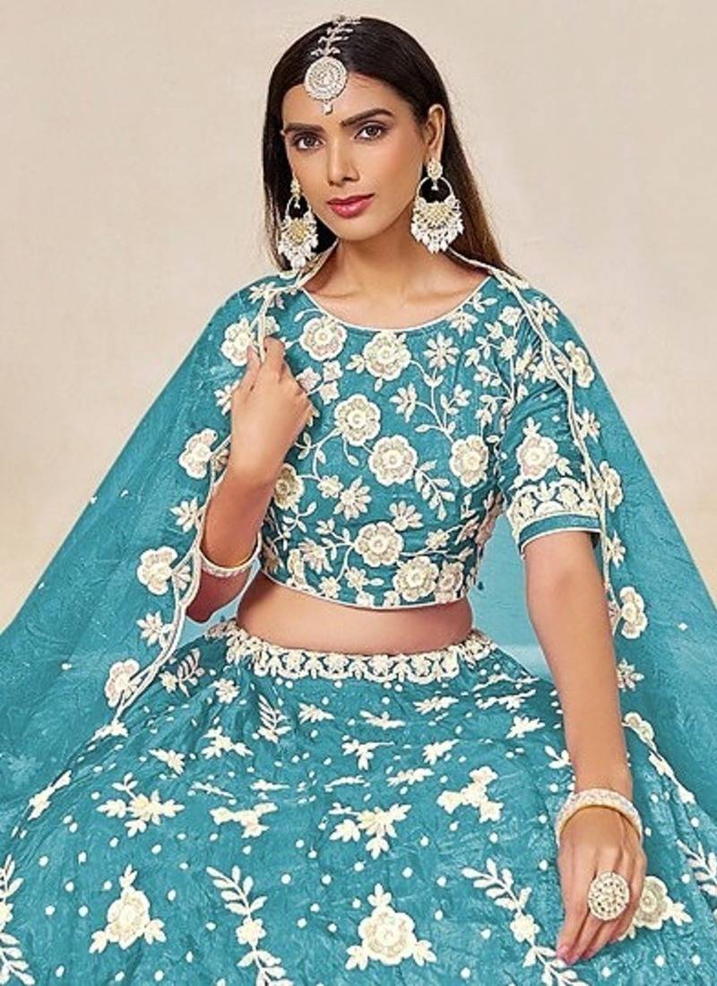 Sky Blue Organza Embroidered Semi Stitched Lehenga Choli Size Up To 42