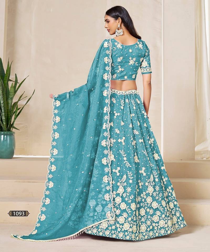 Sky Blue Organza Embroidered Semi Stitched Lehenga Choli Size Up To 42