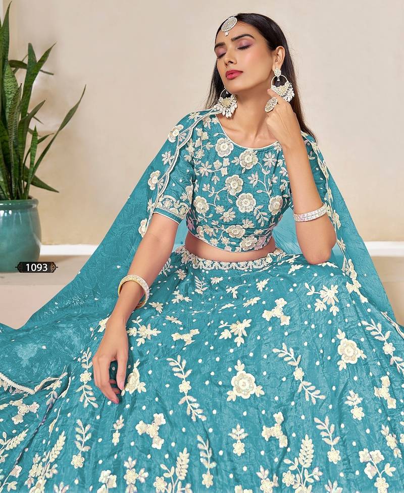 Sky Blue Organza Embroidered Semi Stitched Lehenga Choli Size Up To 42