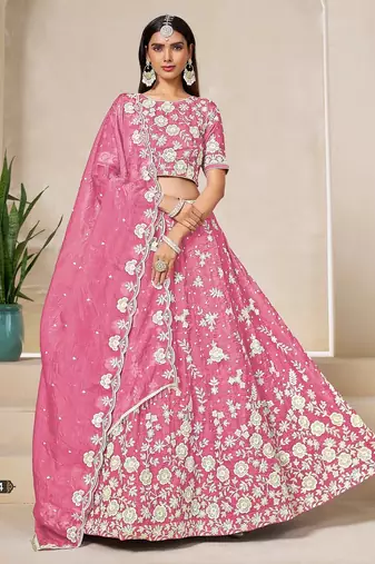 Pink Organza Embroidered Semi Stitched Lehenga Choli Size Up To 42