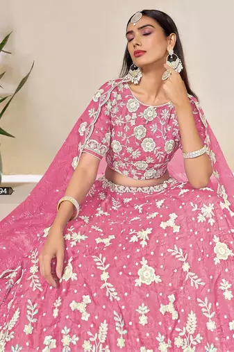 Pink Organza Embroidered Semi Stitched Lehenga Choli Size Up To 42
