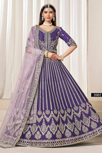 Violet Art Silk Embroidered Semi Stitched Lehenga Choli Size Up To 42