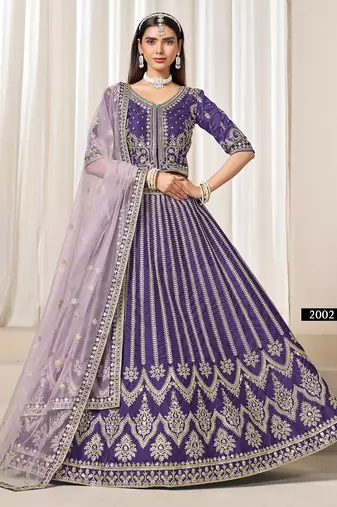 Violet Art Silk Embroidered Semi Stitched Lehenga Choli Size Up To 42