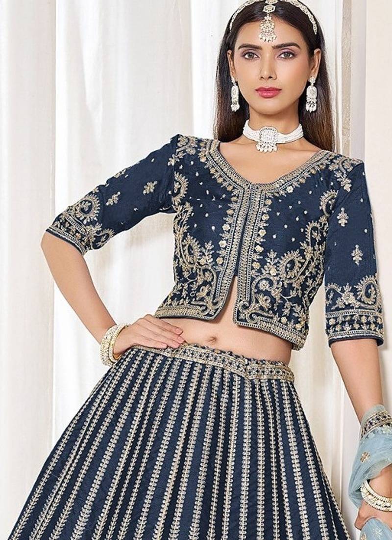 Blue Art Silk Embroidered Semi Stitched Lehenga Choli Size Up To 42