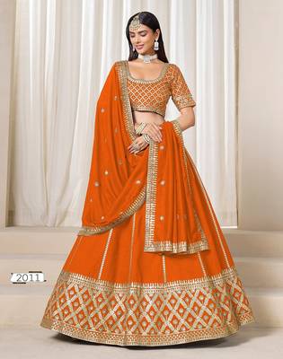 Orange Art Silk Embroidered Semi Stitched Lehenga Choli Size Up To 42 1
