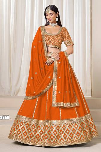 Orange Art Silk Embroidered Semi Stitched Lehenga Choli Size Up To 42