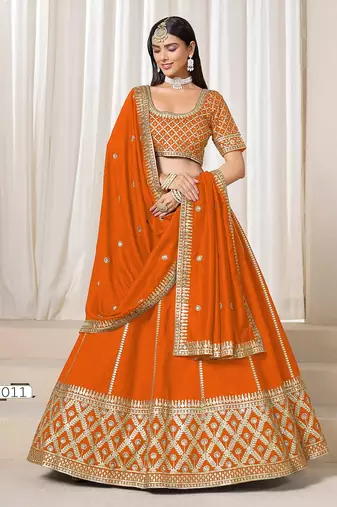 Orange Art Silk Embroidered Semi Stitched Lehenga Choli Size Up To 42