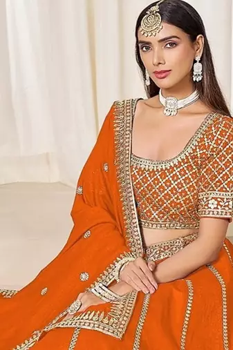 Orange Art Silk Embroidered Semi Stitched Lehenga Choli Size Up To 42