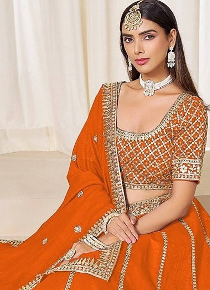 Orange Art Silk Embroidered Semi Stitched Lehenga Choli Size Up To 42