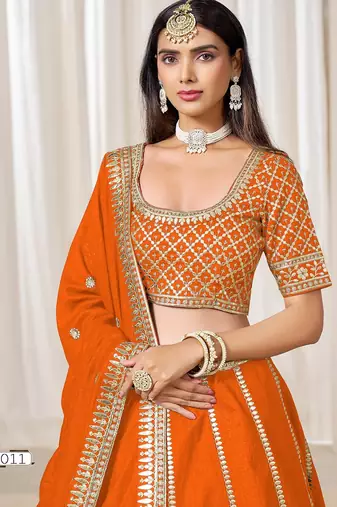 Orange Art Silk Embroidered Semi Stitched Lehenga Choli Size Up To 42