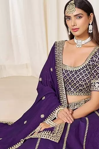 Violet Art Silk Embroidered Semi Stitched Lehenga Choli Size Up To 42