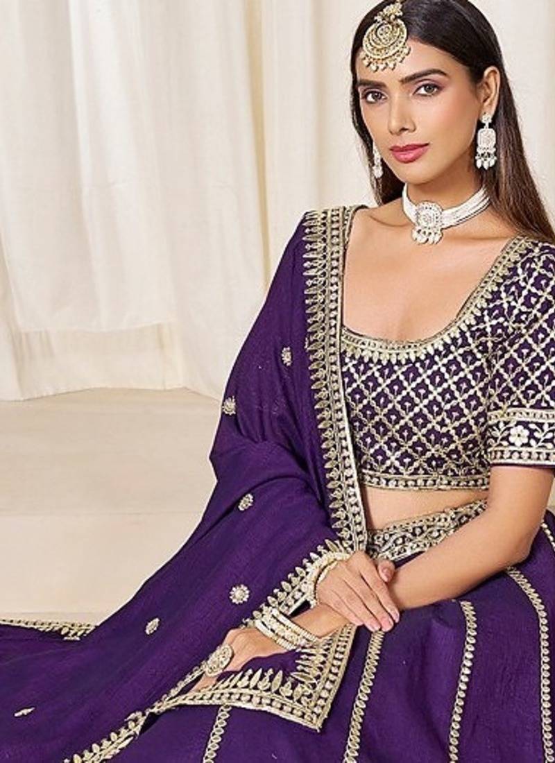 Violet Art Silk Embroidered Semi Stitched Lehenga Choli Size Up To 42