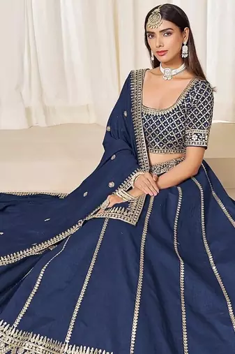 Blue Art Silk Embroidered Semi Stitched Lehenga Choli Size Up To 42