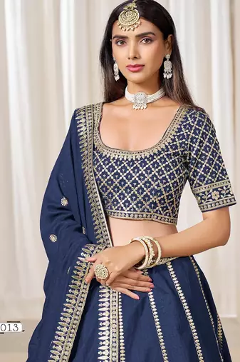 Blue Art Silk Embroidered Semi Stitched Lehenga Choli Size Up To 42