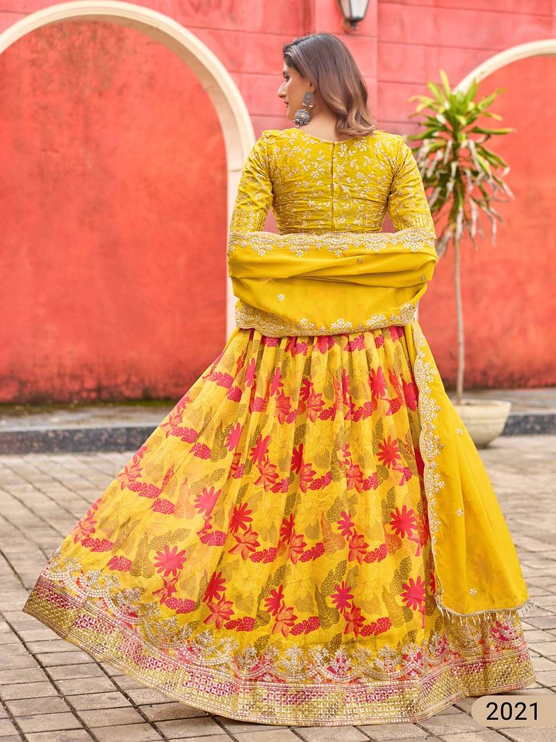 Yellow Art Silk Floral Print Semi Stitched Lehenga Choli Size Up To 42