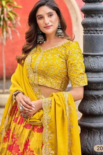 Yellow Art Silk Floral Print Semi Stitched Lehenga Choli Size Up To 42