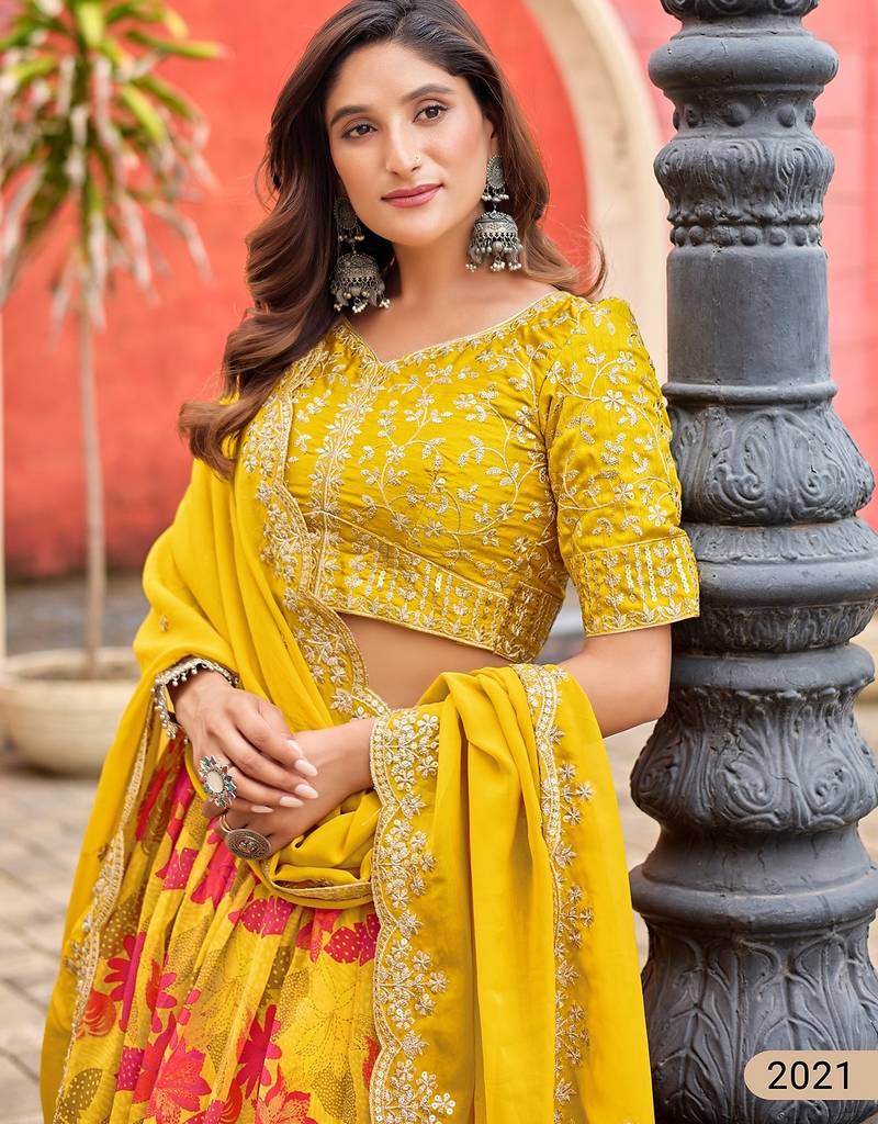Yellow Art Silk Floral Print Semi Stitched Lehenga Choli Size Up To 42