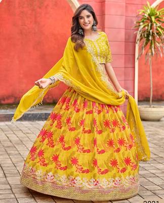 Yellow Art Silk Floral Print Semi Stitched Lehenga Choli Size Up To 42 1