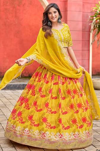 Yellow Art Silk Floral Print Semi Stitched Lehenga Choli Size Up To 42