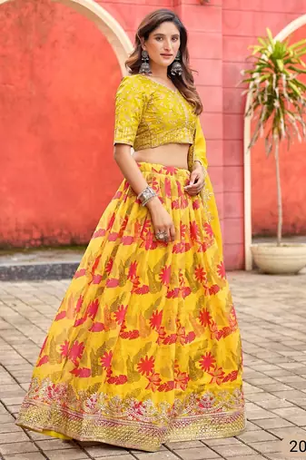 Yellow Art Silk Floral Print Semi Stitched Lehenga Choli Size Up To 42