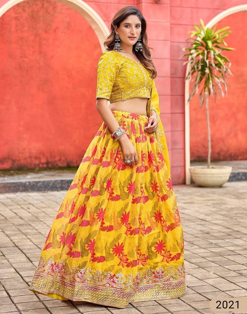 Yellow Art Silk Floral Print Semi Stitched Lehenga Choli Size Up To 42
