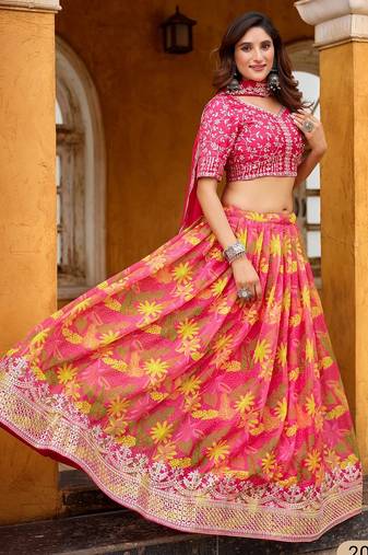 Pink Art Silk Floral Print Semi Stitched Lehenga Choli Size Up To 42