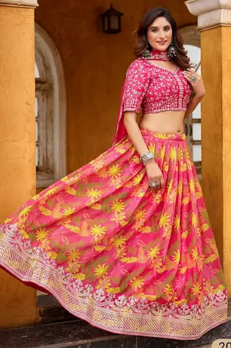 Pink Art Silk Floral Print Semi Stitched Lehenga Choli Size Up To 42