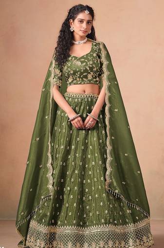 Green Organza Embroidered Semi Stitched Lehenga Choli Size Up To 42