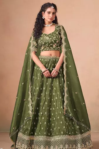 Green Organza Embroidered Semi Stitched Lehenga Choli Size Up To 42
