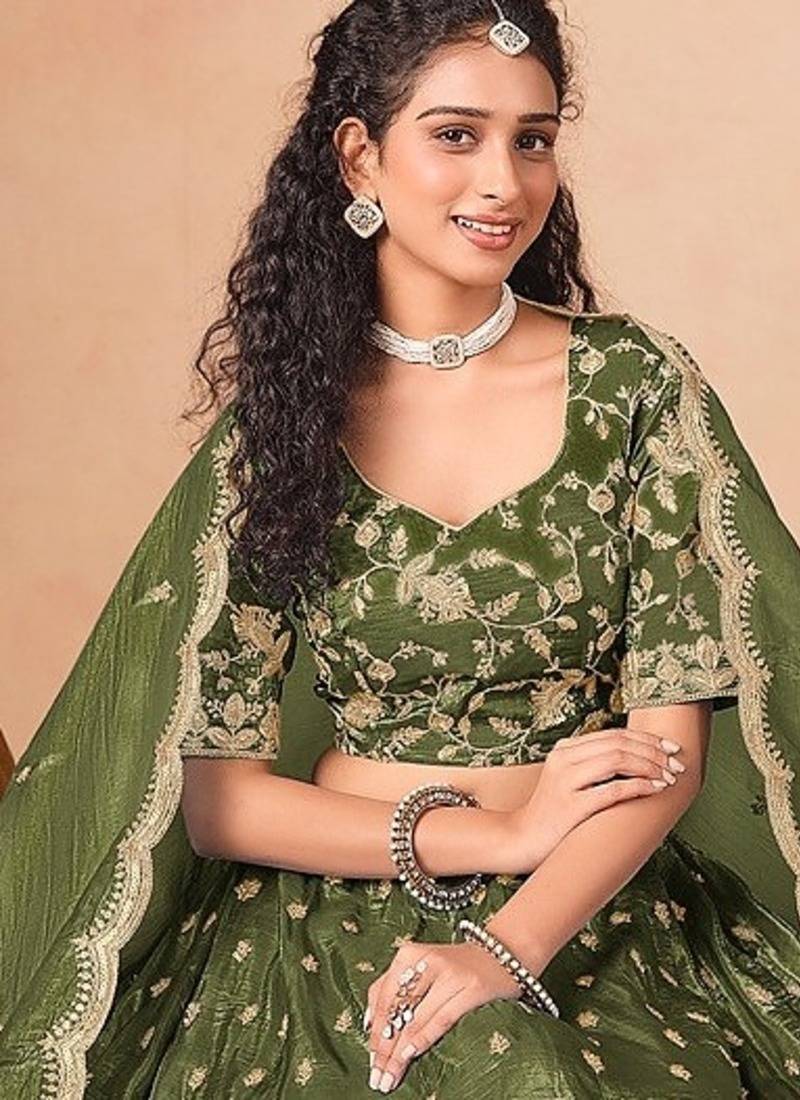 Green Organza Embroidered Semi Stitched Lehenga Choli Size Up To 42