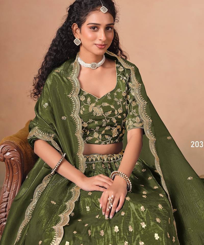 Green Organza Embroidered Semi Stitched Lehenga Choli Size Up To 42