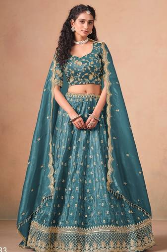 Blue Organza Embroidered Semi Stitched Lehenga Choli Size Up To 42
