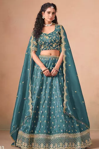 Blue Organza Embroidered Semi Stitched Lehenga Choli Size Up To 42