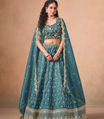 Blue Organza Embroidered Semi Stitched Lehenga Choli Size Up To 42