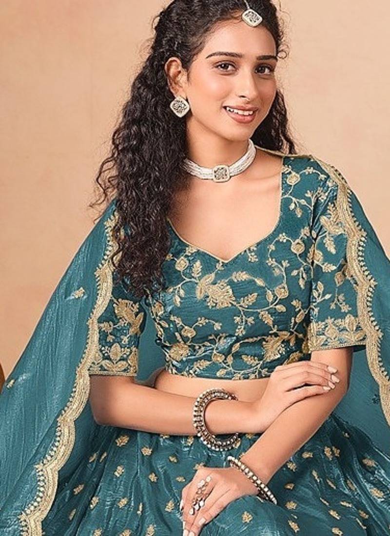 Blue Organza Embroidered Semi Stitched Lehenga Choli Size Up To 42