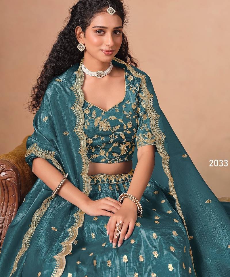 Blue Organza Embroidered Semi Stitched Lehenga Choli Size Up To 42