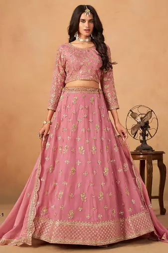 Pink Organza Embroidered Semi Stitched Lehenga Choli Size Up To 42