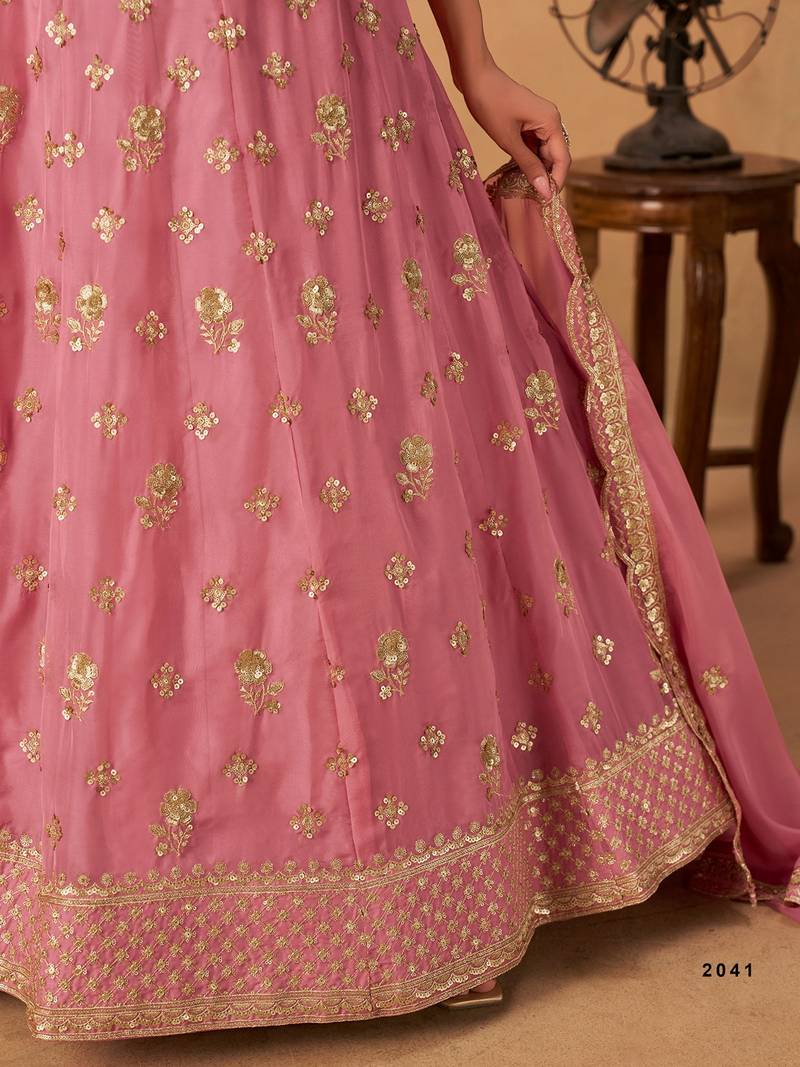 Pink Organza Embroidered Semi Stitched Lehenga Choli Size Up To 42