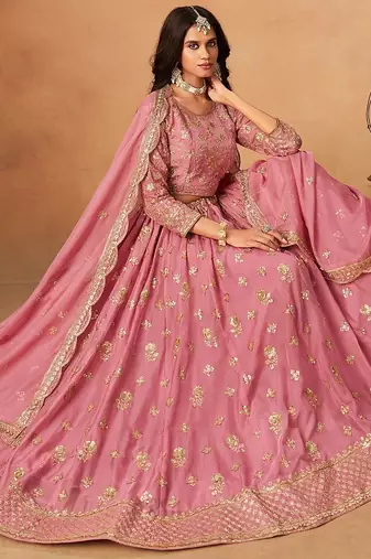 Pink Organza Embroidered Semi Stitched Lehenga Choli Size Up To 42