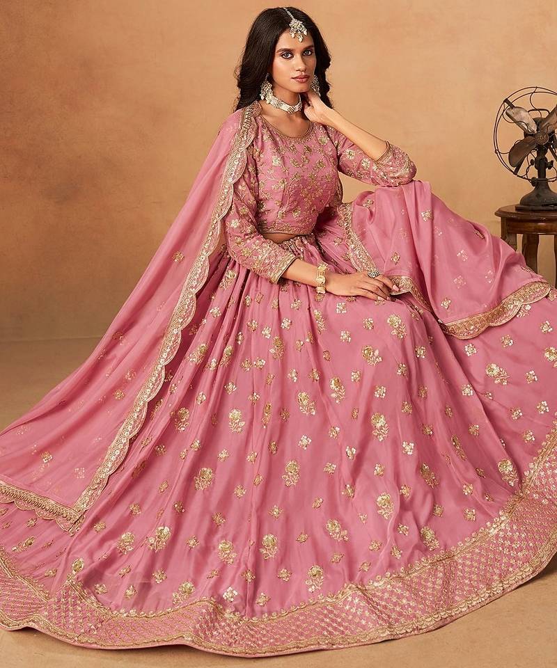 Pink Organza Embroidered Semi Stitched Lehenga Choli Size Up To 42