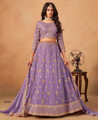 Lavender Organza Embroidered Semi Stitched Lehenga Choli Size Up To 42 1